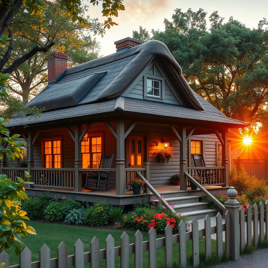 A beautiful, cozy house surrounded by lush greenery, featuring a wooden porch with rocking chairs, warm inviting lights glowing from the windows, and a well-tended garden with colorful flowers