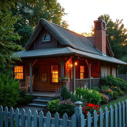 A beautiful, cozy house surrounded by lush greenery, featuring a wooden porch with rocking chairs, warm inviting lights glowing from the windows, and a well-tended garden with colorful flowers
