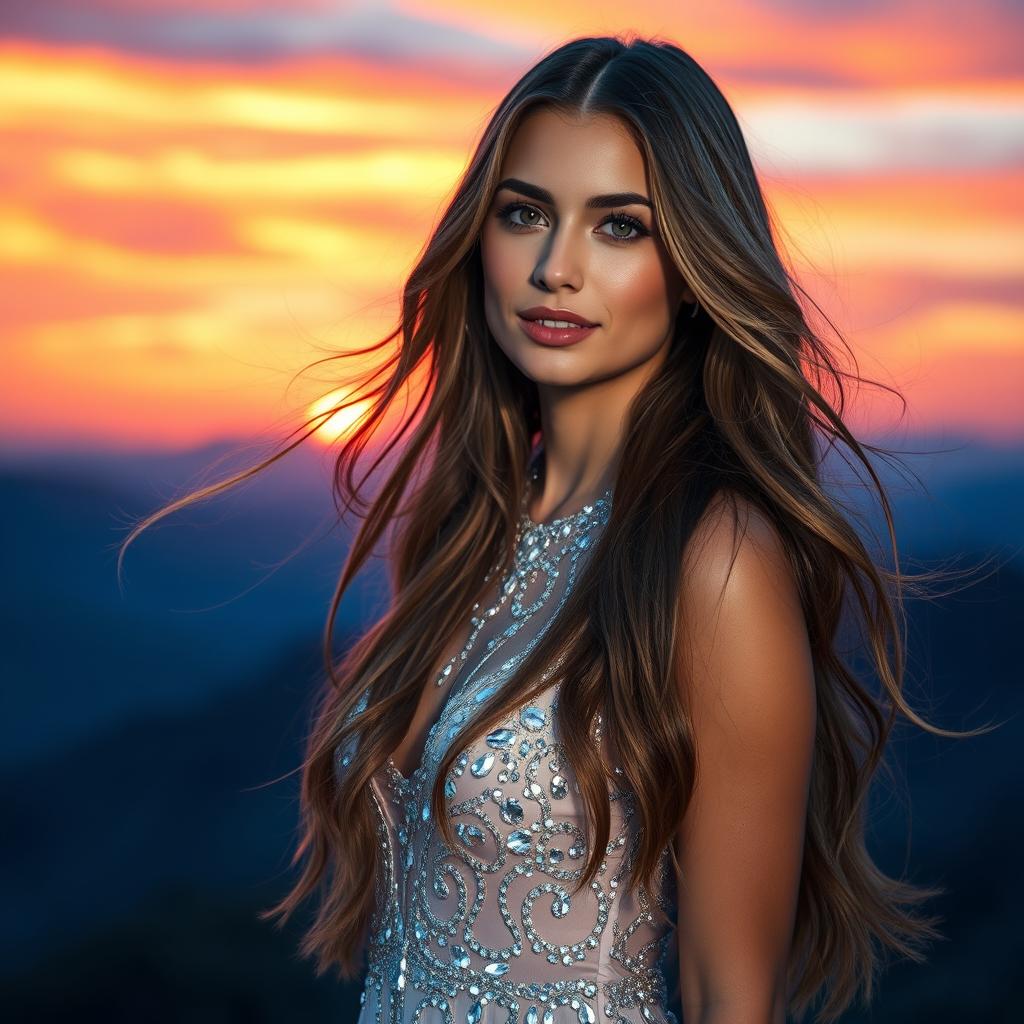 A stunning portrait of a beautiful woman with long flowing hair, standing in a serene landscape