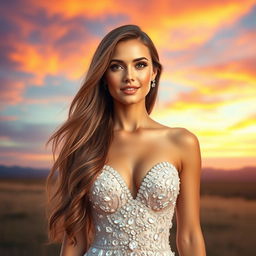 A stunning portrait of a beautiful woman with long flowing hair, standing in a serene landscape