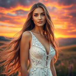 A stunning portrait of a beautiful woman with long flowing hair, standing in a serene landscape