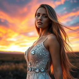 A stunning portrait of a beautiful woman with long flowing hair, standing in a serene landscape