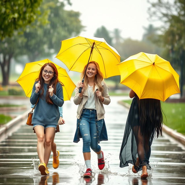 Three beautiful girls walking happily under yellow umbrellas in the rain and cloudy weather