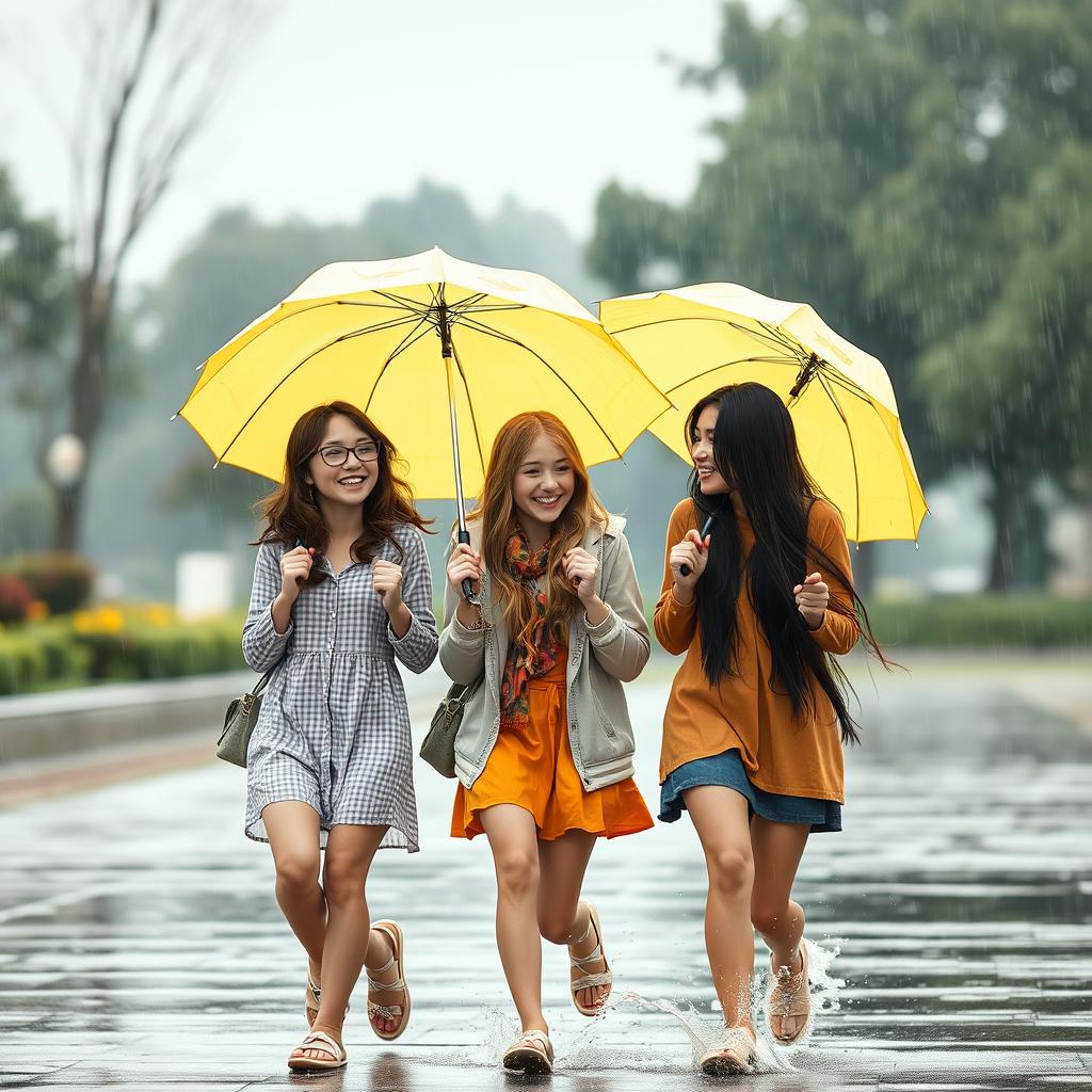 Three beautiful girls walking happily under yellow umbrellas in the rain and cloudy weather