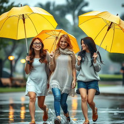 Three beautiful girls walking happily under yellow umbrellas in the rain and cloudy weather