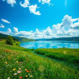 A stunning landscape featuring a bright blue sky filled with fluffy white clouds, a vibrant green meadow dotted with wildflowers, and a serene lake reflecting the scenery in crystal clear water