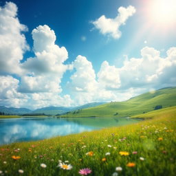 A stunning landscape featuring a bright blue sky filled with fluffy white clouds, a vibrant green meadow dotted with wildflowers, and a serene lake reflecting the scenery in crystal clear water