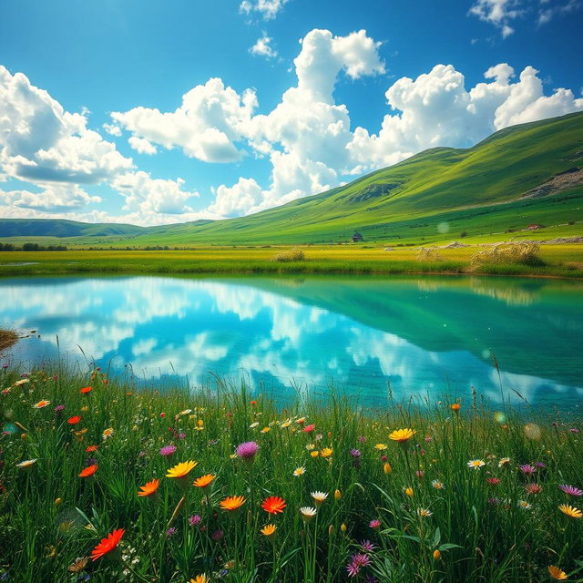 A stunning landscape featuring a bright blue sky filled with fluffy white clouds, a vibrant green meadow dotted with wildflowers, and a serene lake reflecting the scenery in crystal clear water