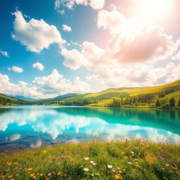 A stunning landscape featuring a bright blue sky filled with fluffy white clouds, a vibrant green meadow dotted with wildflowers, and a serene lake reflecting the scenery in crystal clear water