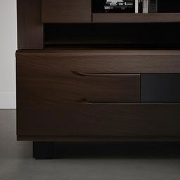 A sleek, modern TV unit with ample storage space, finished in a rich dark wood. The unit is well-lit, highlighting the detailing.