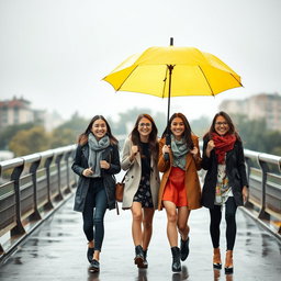 Three beautiful, friendly, smiling girls walking together under a bright yellow umbrella in the rain