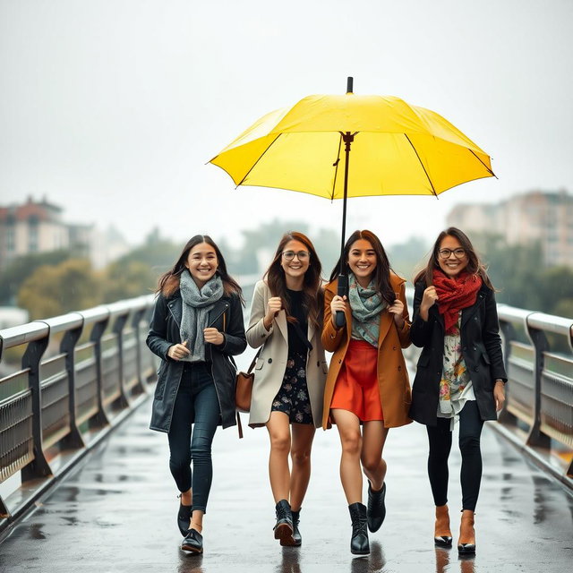 Three beautiful, friendly, smiling girls walking together under a bright yellow umbrella in the rain