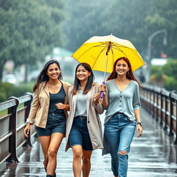 Three beautiful, friendly, smiling girls walking together under a bright yellow umbrella in the rain