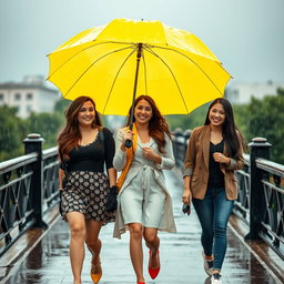 Three beautiful, friendly, smiling girls walking together under a bright yellow umbrella in the rain