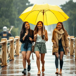 Three beautiful, friendly, smiling girls walking together under a bright yellow umbrella in the rain