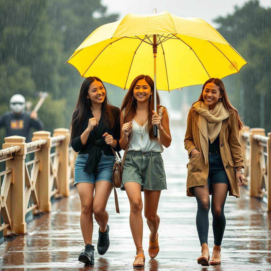 Three beautiful, friendly, smiling girls walking together under a bright yellow umbrella in the rain