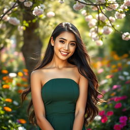 A stunning portrait of a confident young woman with long flowing dark hair, wearing a stylish green dress that complements her figure