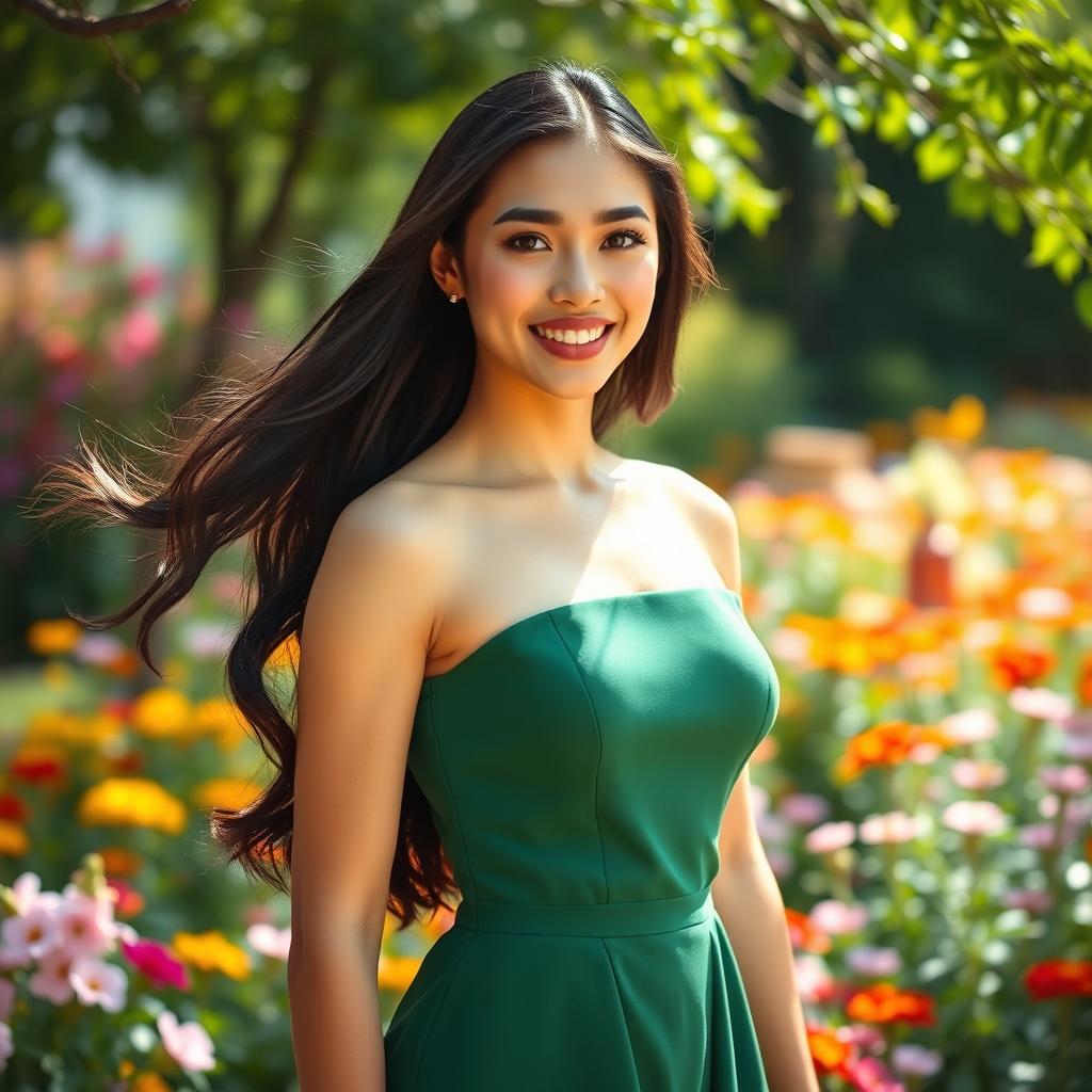 A stunning portrait of a confident young woman with long flowing dark hair, wearing a stylish green dress that complements her figure