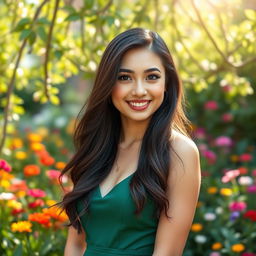 A stunning portrait of a confident young woman with long flowing dark hair, wearing a stylish green dress that complements her figure