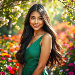 A stunning portrait of a confident young woman with long flowing dark hair, wearing a stylish green dress that complements her figure