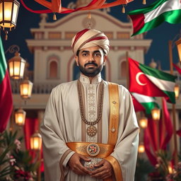 A celebratory portrait of Sultan Haitham bin Tariq of Oman, surrounded by symbols of Oman's heritage and progress