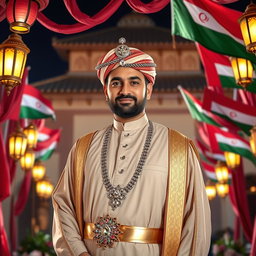 A celebratory portrait of Sultan Haitham bin Tariq of Oman, surrounded by symbols of Oman's heritage and progress