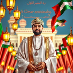 A celebratory portrait of Sultan Haitham bin Tariq of Oman, surrounded by symbols of Oman's heritage and progress