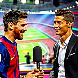 An engaging scene showing two famous football players, Lionel Messi and Cristiano Ronaldo, in a lively interview setting