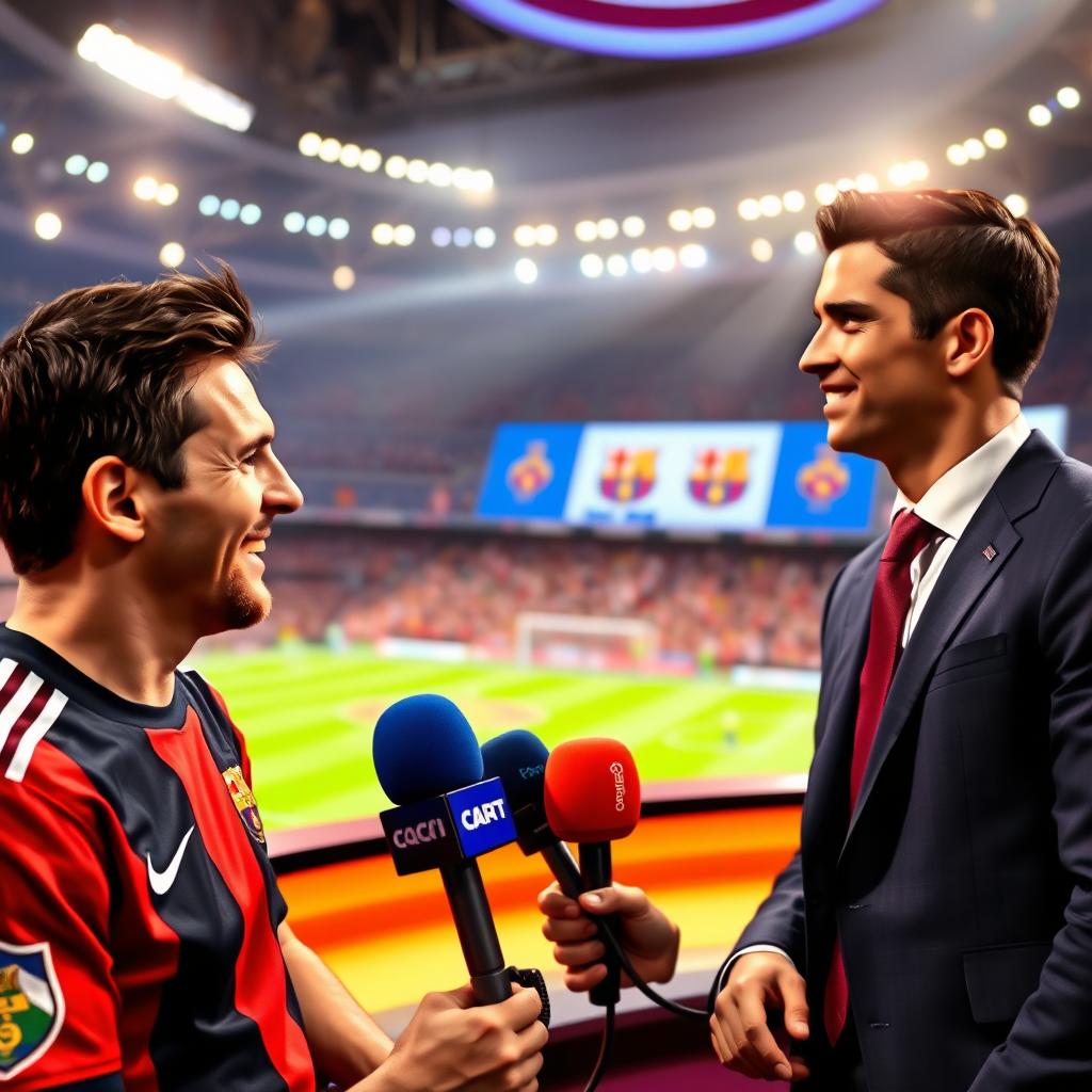 An engaging scene showing two famous football players, Lionel Messi and Cristiano Ronaldo, in a lively interview setting