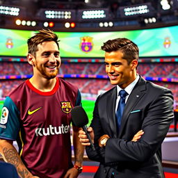 An engaging scene showing two famous football players, Lionel Messi and Cristiano Ronaldo, in a lively interview setting
