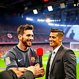 An engaging scene showing two famous football players, Lionel Messi and Cristiano Ronaldo, in a lively interview setting