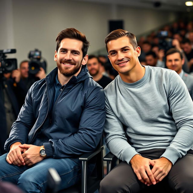A candid, high-quality photograph of two famous football players, Lionel Messi and Cristiano Ronaldo, seated side by side during an interview