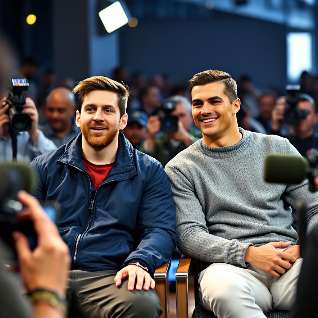 A candid, high-quality photograph of two famous football players, Lionel Messi and Cristiano Ronaldo, seated side by side during an interview