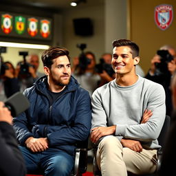 A candid, high-quality photograph of two famous football players, Lionel Messi and Cristiano Ronaldo, seated side by side during an interview