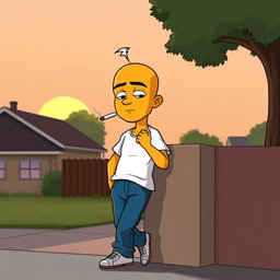A cartoonish scene featuring a yellow-skinned character with a bald head and two strands of hair, wearing a white short-sleeve shirt and blue pants, casually leaning against a wall while holding a cigarette between his fingers
