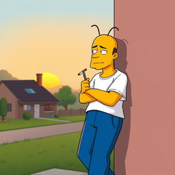A cartoonish scene featuring a yellow-skinned character with a bald head and two strands of hair, wearing a white short-sleeve shirt and blue pants, casually leaning against a wall while holding a cigarette between his fingers