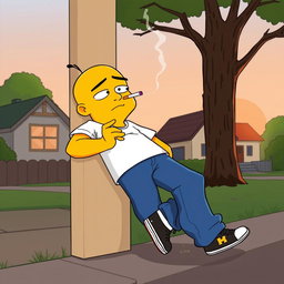 A cartoonish scene featuring a yellow-skinned character with a bald head and two strands of hair, wearing a white short-sleeve shirt and blue pants, casually leaning against a wall while holding a cigarette between his fingers