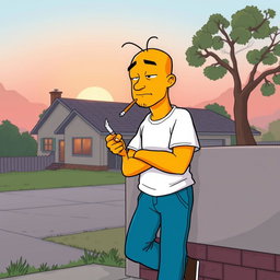 A cartoonish scene featuring a yellow-skinned character with a bald head and two strands of hair, wearing a white short-sleeve shirt and blue pants, casually leaning against a wall while holding a cigarette between his fingers