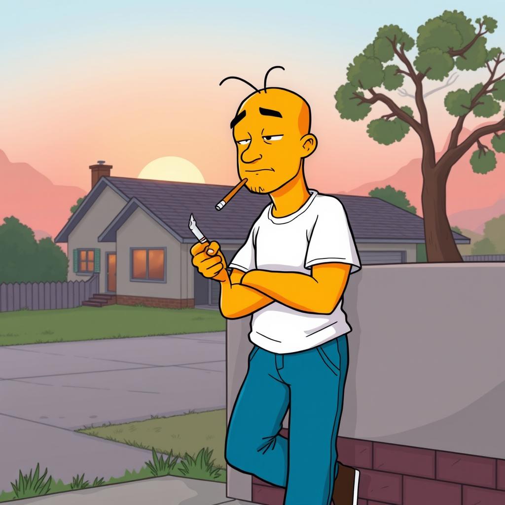 A cartoonish scene featuring a yellow-skinned character with a bald head and two strands of hair, wearing a white short-sleeve shirt and blue pants, casually leaning against a wall while holding a cigarette between his fingers
