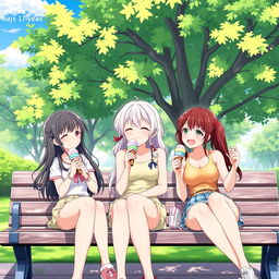 Three beautifully designed anime girls, all 17 years old, sitting on a park bench during summer