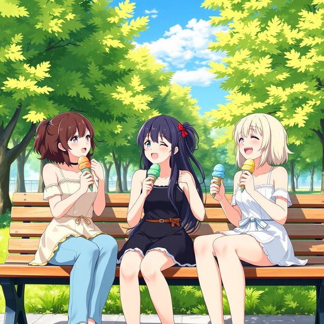 Three beautifully designed anime girls, all 17 years old, sitting on a park bench during summer