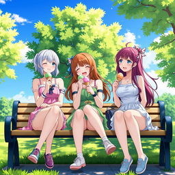 Three beautifully designed anime girls, all 17 years old, sitting on a park bench during summer