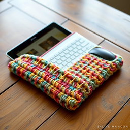 A beautifully crafted crochet iPad sleeve designed to hold an iPad, featuring an integrated slot for a keyboard and mouse