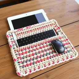 A beautifully crafted crochet iPad sleeve designed to hold an iPad, featuring an integrated slot for a keyboard and mouse