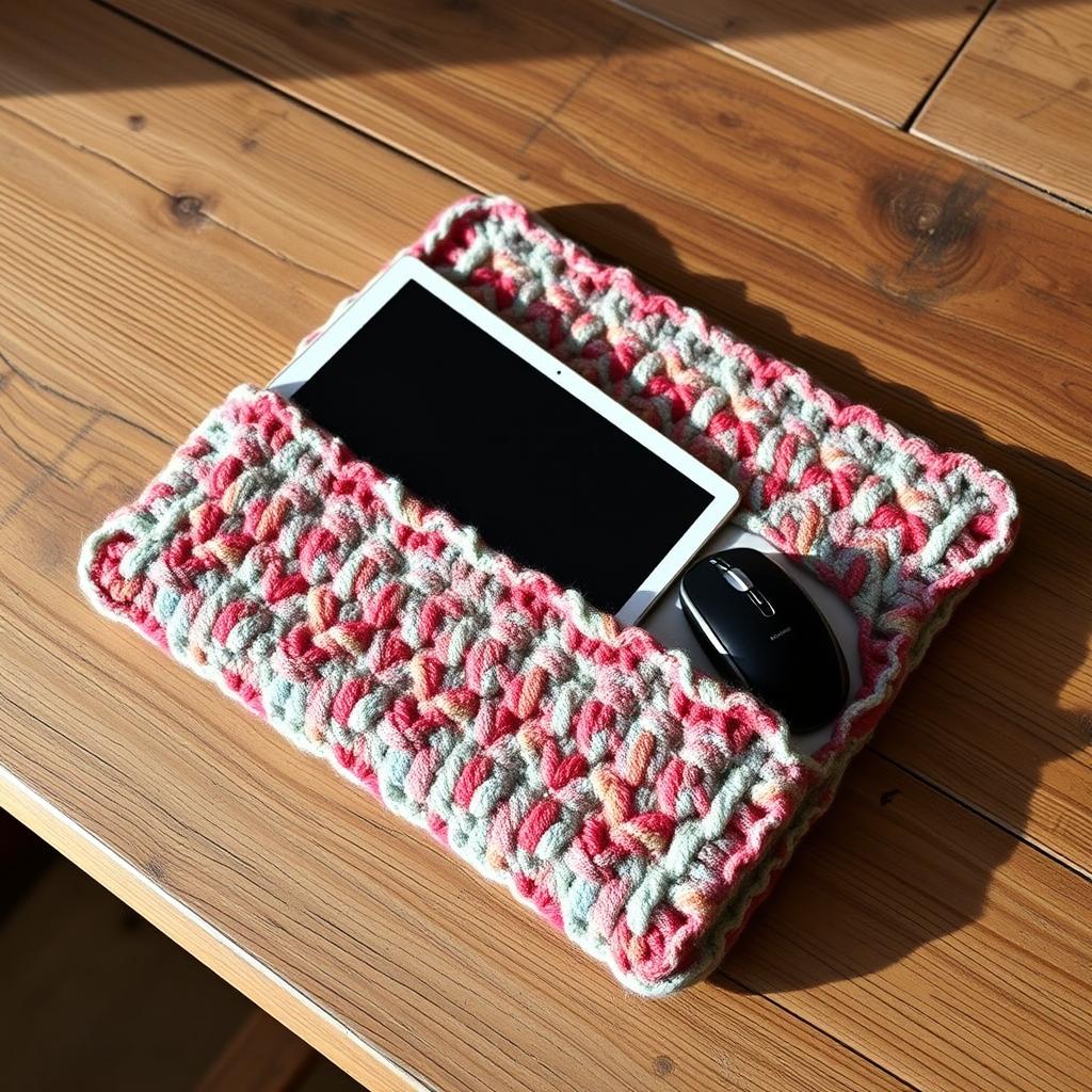 A beautifully crafted crochet iPad sleeve designed to hold an iPad, featuring an integrated slot for a keyboard and mouse