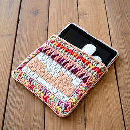 A beautifully crafted crochet iPad sleeve designed to hold an iPad, featuring an integrated slot for a keyboard and mouse