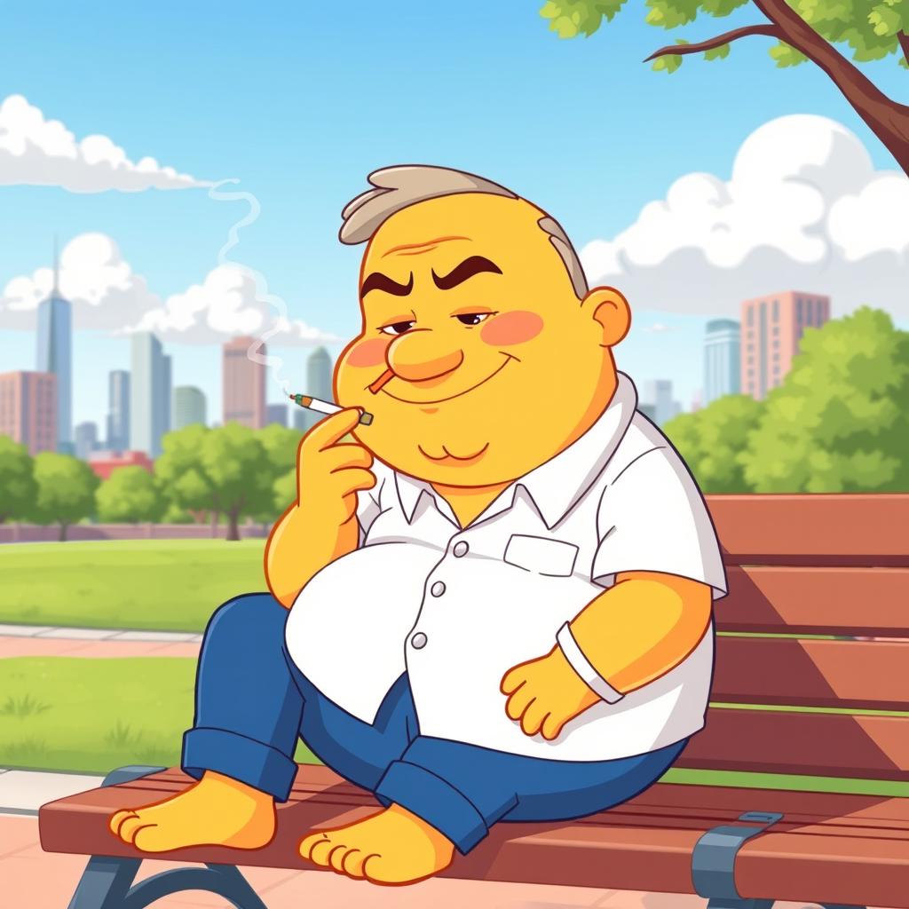 A cartoon-style image of a yellow-skinned character resembling a typical cartoon dad, with a round body and wearing a white shirt and blue pants, casually smoking a cigarette