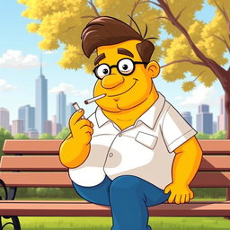 A cartoon-style image of a yellow-skinned character resembling a typical cartoon dad, with a round body and wearing a white shirt and blue pants, casually smoking a cigarette