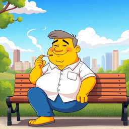 A cartoon-style image of a yellow-skinned character resembling a typical cartoon dad, with a round body and wearing a white shirt and blue pants, casually smoking a cigarette