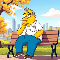 A cartoon-style image of a yellow-skinned character resembling a typical cartoon dad, with a round body and wearing a white shirt and blue pants, casually smoking a cigarette